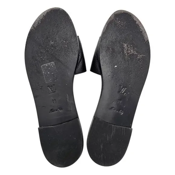 Louis Vuitton Lock It Flat Slide Sandal Black Leather Gold LV Logo Size 38 US 8 - Picture 10 of 12